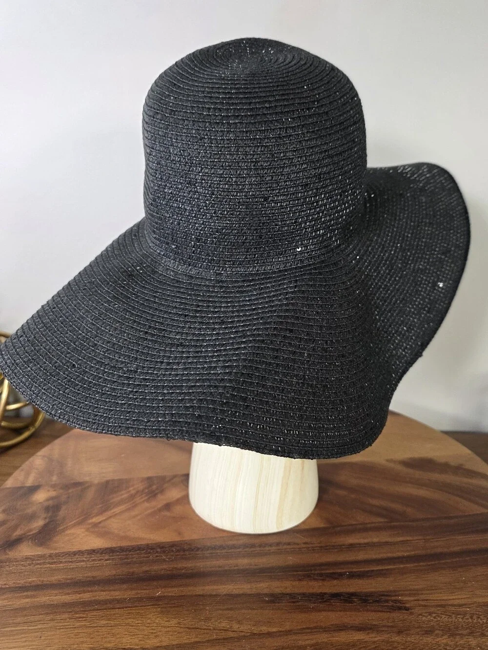 Calvin Klein Black Sparkle Straw Floppy Sun Hat Wide Brim Beach